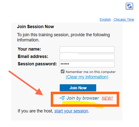 Please see this screen shot to help access the session.  Be sure to add your Name, Email Address, and session password (found below with the link) and then click JOIN BY BROWSER.