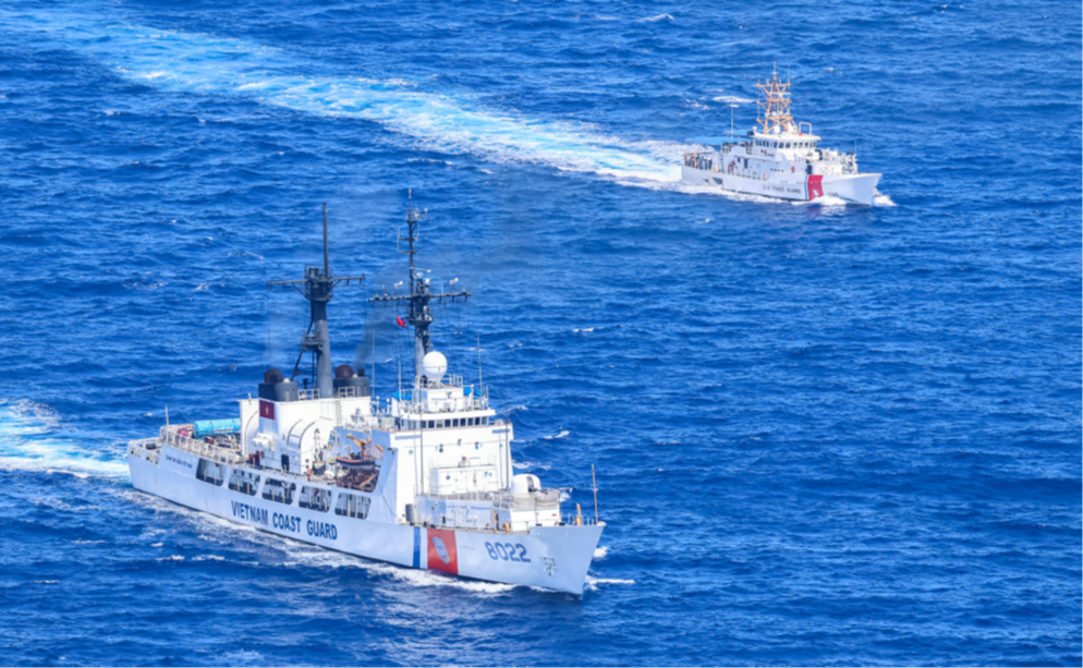 Former Coast Guard Cutter Mellon, now part of the Vietnam Coast Guard, participates in a communications exercise 