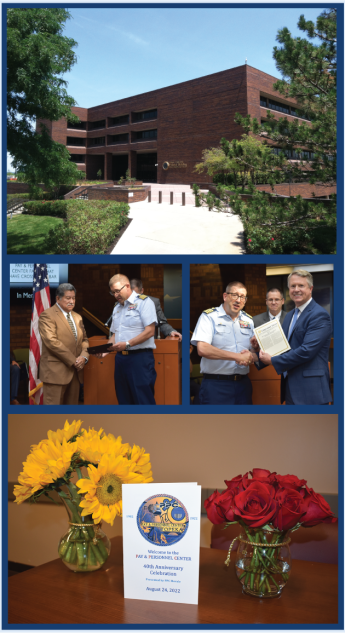 The Frank Carlson Federal Building and U.S. Courthouse (top) has been home to the Coast Guard’s Pay and Personnel Center since 1982. The center marked their 40th anniversary with a celebration on August 24. Pictured are Topeka Mayor Michael Padilla and Coast Guard Capt. Derek Smith (middle left), and Smith with U.S. Senator Roger Marshall (middle right).