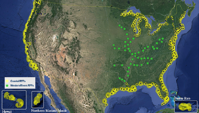 R21 Western Rivers region, with stars representing tower locations also called remote fixed facilities (RFFs).