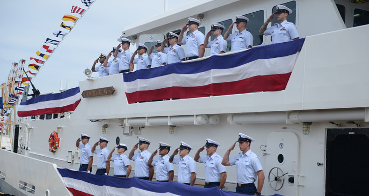 Coast Guard Cutter Joseph Gerczak’s crew mans the rail during the ship’s commissioning ceremony in Honolulu March 9, 2018. The ship is the second Sentinel-class fast response cutter stationed in Honolulu. U.S. Coast Guard photo by Petty Officer 3rd Class Amanda Levassaur.