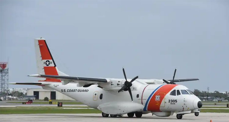 A Coast Guard HC-144 Ocean Sentry prepares for takeoff to support Hurricane Milton response operations.