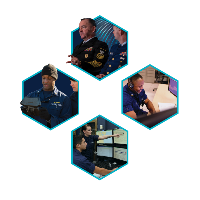 Four images showing Coastal Sentinel leaders, operators, watchstanders and analysts performing their duties.